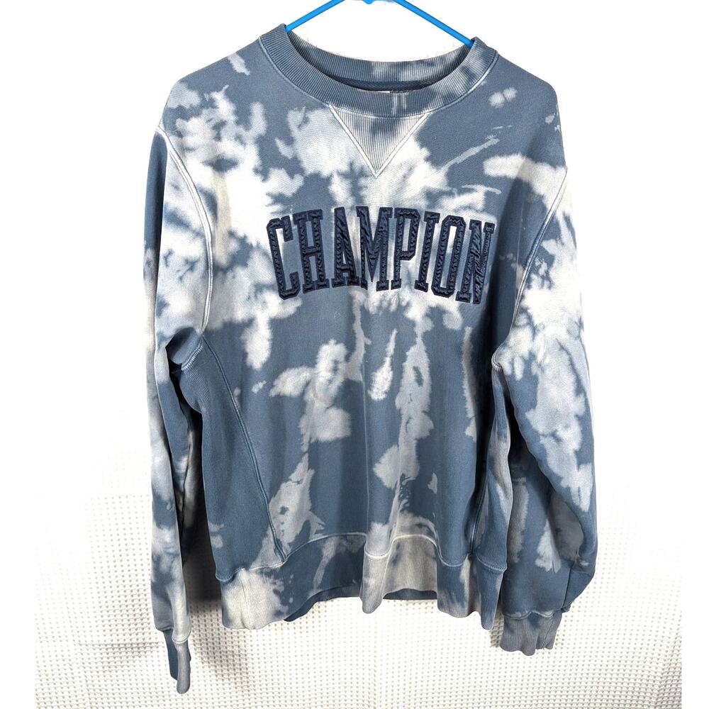 Champion Reverse Weave Sweatshirt Large Blue White Tie Dye Crewneck Pullover